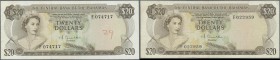 Bahamas: set of 2 notes 20 Dollars L.1974 P. 39a in used condition with folds and light creases, one of the notes with pen writing in watermark area, ...
