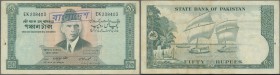 Bangladesh: Rare note 50 Rupees Pakistan with Bangladesh overprint P. 3C, used with folds, tear because of pinholes at left, still nice colors, no rep...