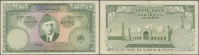 Bangladesh: Rare note of 100 Rupees Pakistan with stamp ”Bangladesh” on front side P. 3D, used with folds, pinholes, no large damages, still strongnes...