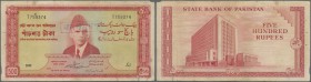 Bangladesh: Rare note 500 Rupees Pakistan with Bangladesh overprint P. 3E, used with folds, light stain, pinholes, minor border tears, minor missing p...