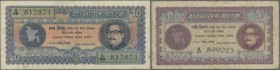 Bangladesh: set of 2 seldom notes 5 and 10 Taka ND(1972) P. 7, 8, both used with folds and light stain in paper, 2 pinholes, the 10 Taka with more cri...