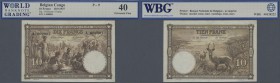 Belgian Congo: 10 Francs September 10th 1937 with serial number A 000001, vertical fold at center and a few minor spots, WBG graded 40 Extremely Fine....
