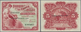 Belgian Congo: 5 Francs 1942 P. 13, light folds in paper, very original crisp and with bright colors, no holes or tears, condition: VF+ to XF-.