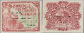 Belgian Congo: 5 Francs 1942, P.13, vertically folded and tiny dint at upper right. Condition: VF+