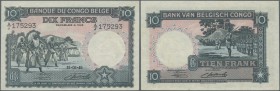Belgian Congo: 10 Francs 1949 P. 14E, no visible folds, but pressed, no holes or tears, condition: VF-, optically appears better.