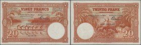 Belgian Congo: 20 Francs 1943, P.15C, lightly stained paper with vertical fold at center, obviously pressed. Condition: F+
