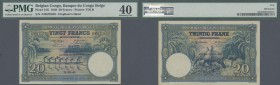 Belgian Congo: 20 Francs 1949, P.15G, soft vertical fold at lightly toned at right border, PMG graded 40 Extremely Fine