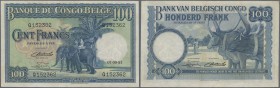Belgian Congo: 100 Francs 1951, P.17d, tiny brownish spots along the note and a few minor creases. Condition: VF