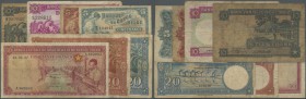 Belgian Congo: interesting lot of 7 pieces containing 5 Francs 1949 (F, cut border), 50 Francs 1957 (F- to F), 10 Francs 1943 (F), 10 Francs 1948 (VG)...