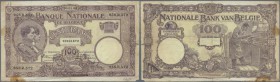 Belgium: set with 4 Banknotes 100 Francs 1924 and 1927, P.95 in almost well worn condition with stained paper, several folds, annotations at lower rig...