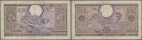 Belgium: 1000 Francs - 200 Belgas 1943 P. 125, center fold, stained paper, handling due to circulation, no holes, one 2mm border tear at lower border,...