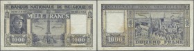 Belgium: 1000 Francs 1948, P.128b with signatures: Sontag & Frère, lightly stained paper with several folds and creases, annotations at upper left and...