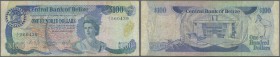 Belize: 100 Dollars 1983 P. 50a, used with folds and creases, staining in paper but without tears, 2 pinholes, no repairs, condition: F-.