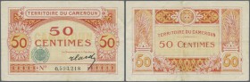 Cameroon: Territoire du Cameroun 50 Centimes ND(1922), P.4, highly rare note with several folds and lightly toned paper. Condition: VF