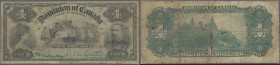 Canada: 4 Dollars 1902 P. 26, rare note, stronger used, several folds and creases, stained paper, minor center holes, borders a bit worn, no repairs, ...