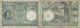 Ceylon: 100 Rupees 1945 P. 38 portrait KGVI in used condition with vertical and horizontal folds, tiny center hole, 2 pinholes at left, several stamps...