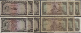 Ceylon: lot of 6 pcs 100 Rupees 1952 P. 53, rare date and a more and more rarely seen note on the market, portrait QEII, all notes used with folds and...