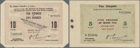Ceylon: set of 2 Coupons, one of 10 Pounds Dry Rubber 1942 and one of 5 Pounds 1941 Tea, both unfolded, the 10 Pounds with cut edges, the 5 Pounds sti...