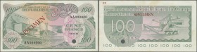 Congo: Kinshasa 100 Francs 1963 SPECIMEN, P.1s with punch hole cancellation, some minor creases at upper right border and lightly stained paper. Condi...