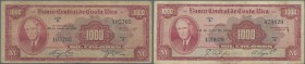 Costa Rica: set of 2 notes 1000 Colones 1960 and 1974 P. 226b, c, both used with folds and creases, stained paper, one with small center hole, no othe...