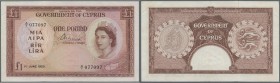 Cyprus: 1 Pound 1955, P.35, very nice and attractive note, bright colors and crisp paper, vertical fold at center, edge bend at upper and lower left, ...