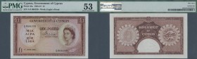 Cyprus: 1 Pound 1955, P.35a in almost perfect condition with a tiny dint at upper right and a few minor spots, PMG graded 53 About Uncirculated