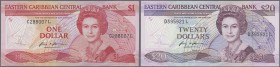 East Caribbean States: Set with 8 Banknotes 1980's, comprising 1 and 4 x 5 Dollars without Anguilla on map P.17l, 18g,k,m,v, 5, 10 and 20 Dollars with...