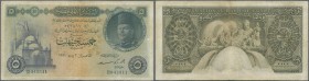 Egypt: 5 Pounds 1951 P. 25 in used conditin with folds and creases, stained paper, no holes or tears, condition: F.