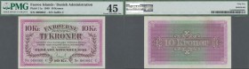 Faeroe Islands: 10 Kroner 1940 P. 11a, with very low serial #000066C, PMG graded 45 Choice XF.