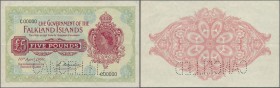 Falkland Islands: 5 Pounds April 10th 1960 SPECIMEN, P.9as with perforation CANCELLED and serial C00000 with horizontal fold and a few minor spots. Co...