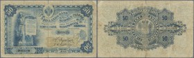 Finland: 50 Markkaa 1898 P. 6c, stronger used with strong center and horizontal fold, border tears, small center hole, no repairs, condition: F-.