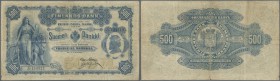 Finland: 500 Markkaa 1898 P. 8c, stronger center and horizontal fold, small center hole, small missing part at lower left, one tiny border tear at lef...