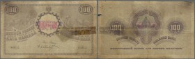 Finland: 100 Markkaa 1909 P. 13, stronger used with stained paper, bank stamp on front, small hole in paper and fixed taped larger tear at right, cond...