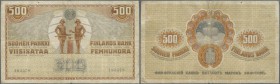 Finland: 500 Markkaa 1909 P. 23, used with folds and creases, small holes in paper, no repairs, condition: F-.