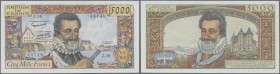 France: 5000 Francs 1958 P. 135 in exceptional condition, only a light center bend, 2 tiny pinholes, no tears, no other folds, very fresh colors and p...