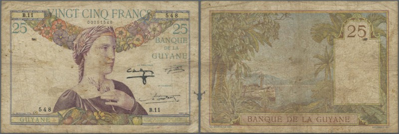 French Guiana: 25 Francs ND(1933-45) P. 7, used with folds, creases and stain in...