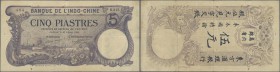 French Indochina: 5 Piastres 1920 P. 40, vertical and horizontal folds, pinholes at left, still strong paper and nice colors, condition: VF-.
