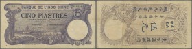 French Indochina: 5 Piastres 1920 P. 40, vertical and horizontal folds, pinholes at left, still strong paper and nice colors, condition: F+.