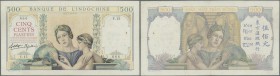 French Indochina: 500 Piastres ND(1932-49) P. 57, used with light folds and pinholes in paper, no repairs, still very nice colors and paper quality in...