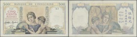 French Indochina: 500 Piastres ND(1932-49) P. 57, used with light folds and pinholes in paper, no repairs, still very nice colors and paper quality in...