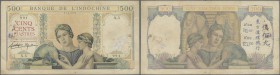 French Indochina: 500 Francs ND(1932-49) P. 57, used with folds and pinholes, pen writing at right, no repairs, crispness left in paper, condition: F.