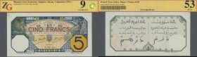 French West Africa: 5 Francs 1929, P.5Bf, small stain at upper left on front and back and some minor creases in the paper, ZG graded 53 AUnc
