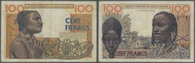 French West Africa: 100 Francs 1957 Institut d'Emission de l'A.O.F. et du Togo, used with folds and stains, no holes or tears, still strong paper, con...