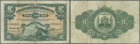 Gibraltar: 1 Pound 1927 P. 12, rare date issue, used with a light staining at upper left, 3 vertical and one horizontal fold, still strong paper and o...