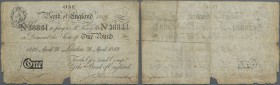 Great Britain: 1 Pound 1819 P. 190c, very rare early date white Pound note, stronger used with vertical and horizontal fold, strong border wear at lef...