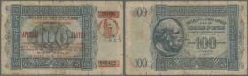 Greece: 100 Drachmai 1944 P. 154, rare issue, used with several border tears, folds and light staining, 2 holes in center, no repairs, condition: F-.
