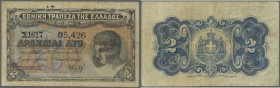 Greece: 2 Drachmai 1917 P. 302, used with folds and staining in paper, rare with red overprint, no holes or tears, condition: F+.
