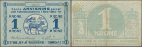 Greenland: Governor of the Colony in Greenland 1 Krone ND(1913) with signatures: Daugaard Jensen & Munch and ondulated hyphon above ”u” in Munch's sig...