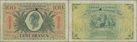 Guadeloupe: 100 Francs 1944 Caisse Centrale de la France d'Outre-Mer, P.29, several folds, lightly yellowed paper with black stain at upper center. Co...