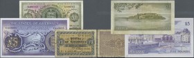 Guernsey: set with 3 Banknotes comprising 1 Shilling 3 Pence ND(1941) P.23 (VG), 1 Pound ND(1969-75) P.45a (F+) and 5 Pounds ND(1969-75) P.46c in aUNC...